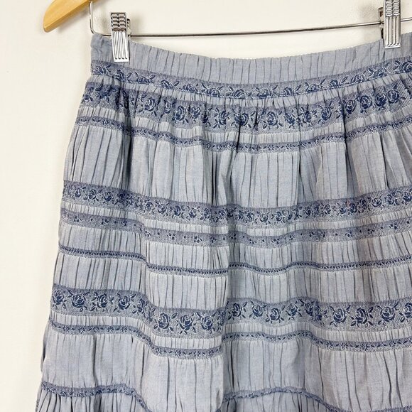 Shop Buru Reversible Tiered Maxi Skirt Blue Floral Striped Boho Size M/L Women's - Picture 2 of 4